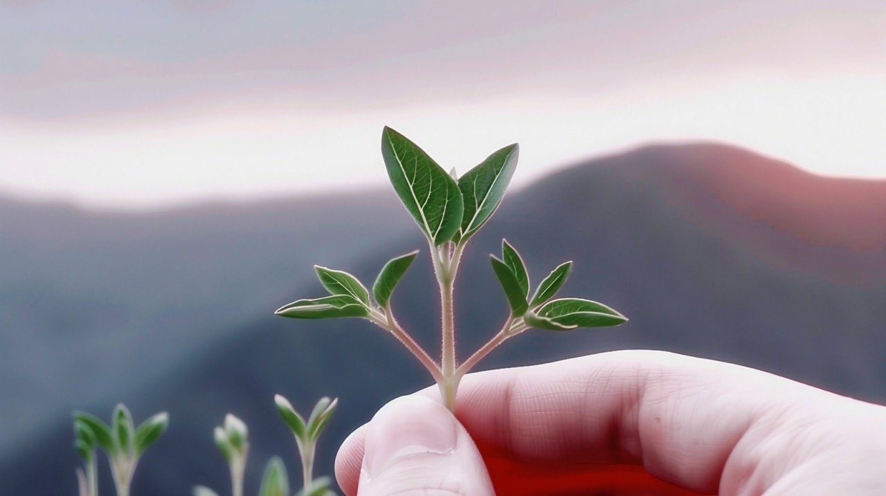 Dynamic Hand Holding Small Plant Back Button Focus Style, Inspirational and Emotionally Impactful Image