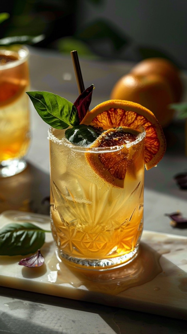 Elegant Orange Slice Drink with Fresh Basil Leaves in Glassware