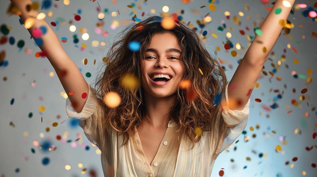 Excited Woman at Celebration Party with Falling Confetti – Stock Photo for Success and Event Celebrations