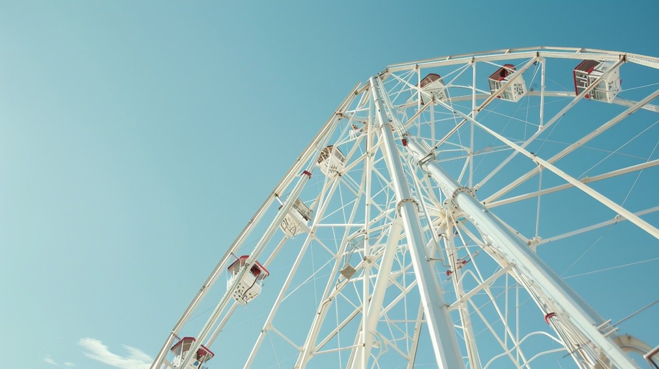 Ferris Wheel on Blue Sky Background White Minimal HD Wallpaper, Tower, Amusement Park Fun