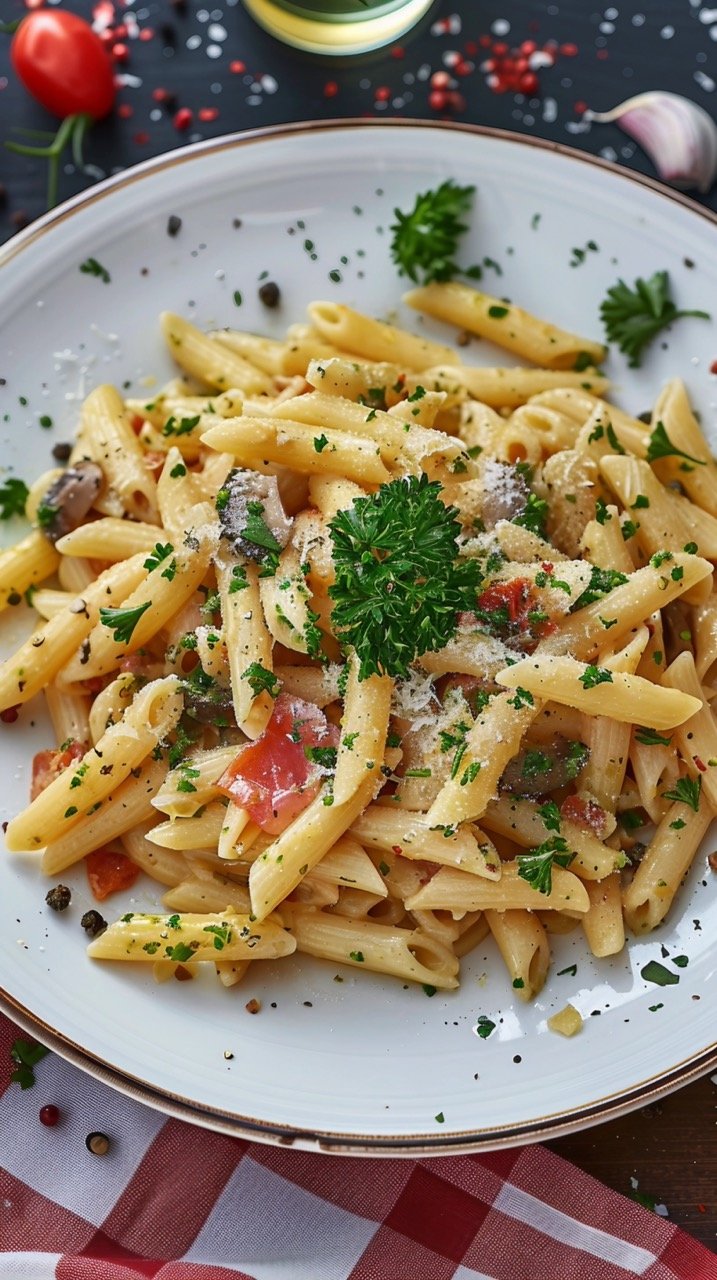 Flat Lay Photography of Pasta Delicious Dish Served on White Plate for Appetizing Food Scene