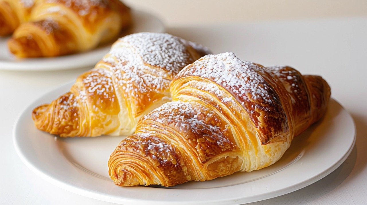 Freshly Baked Croissants on White Plate Close-Up View in Appetizing Food Presentation