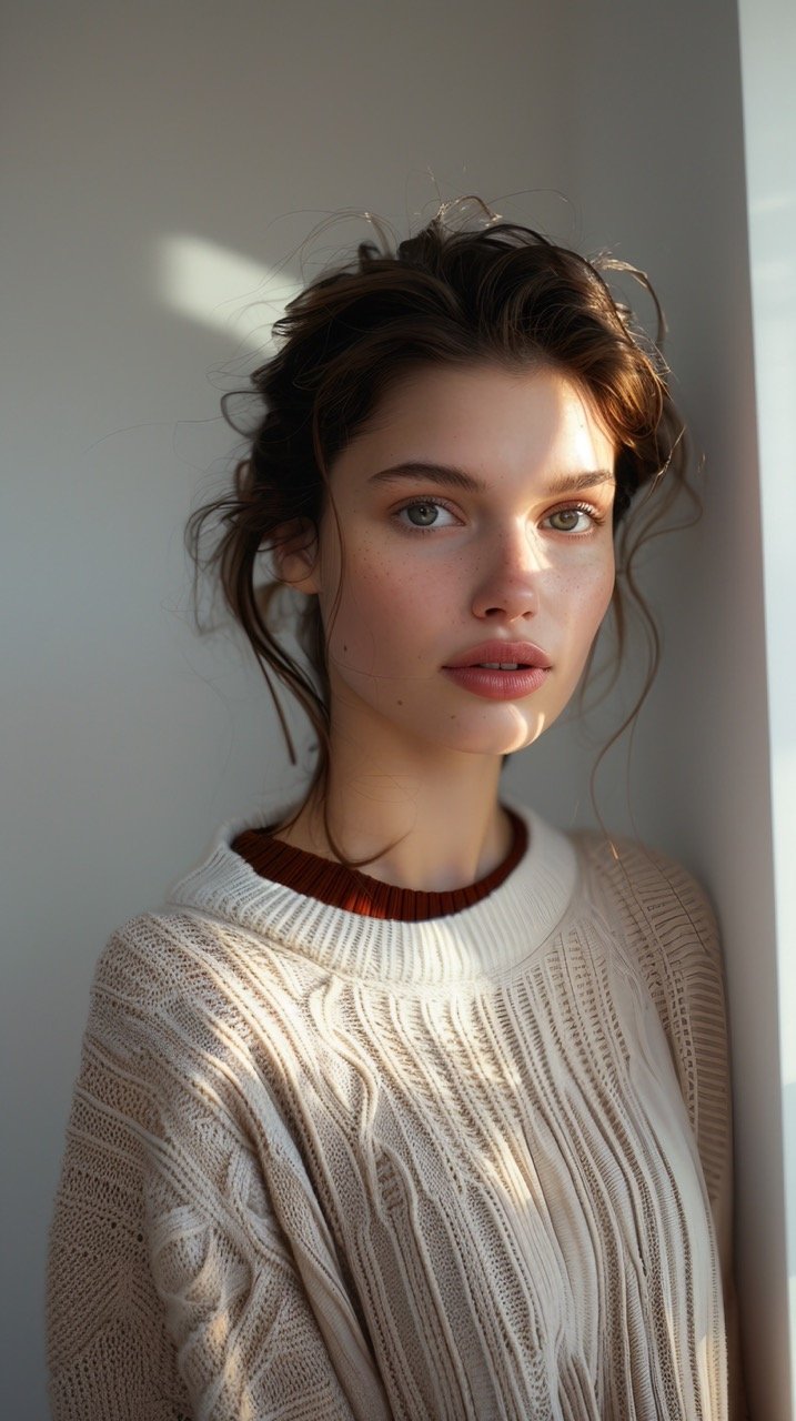 Full-Length Cheerful Woman in Sweater Posing with Arm on Hip, Pointing and Looking Away Over White Wall