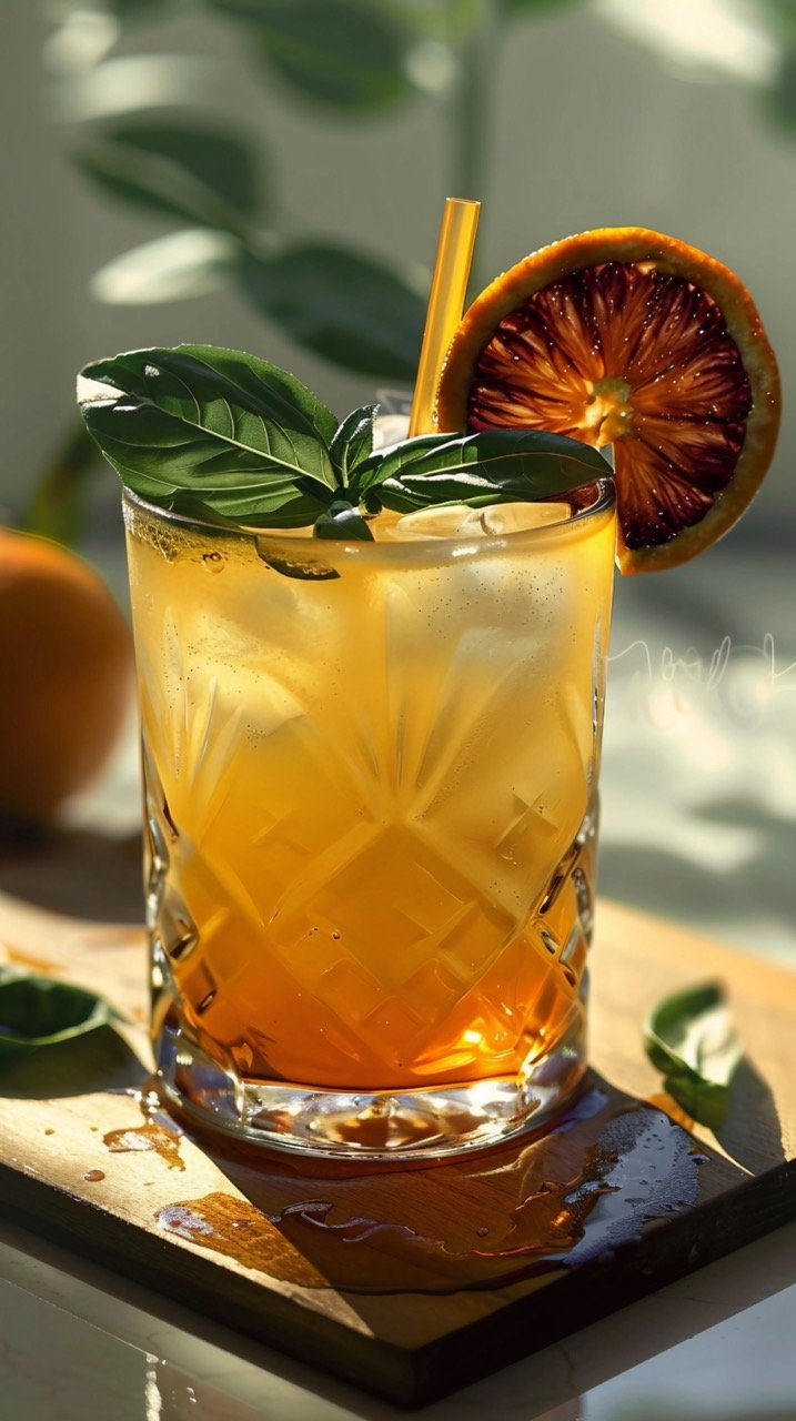 Glass of Drink with Orange Slice and Basil Leaves on Elegant Table