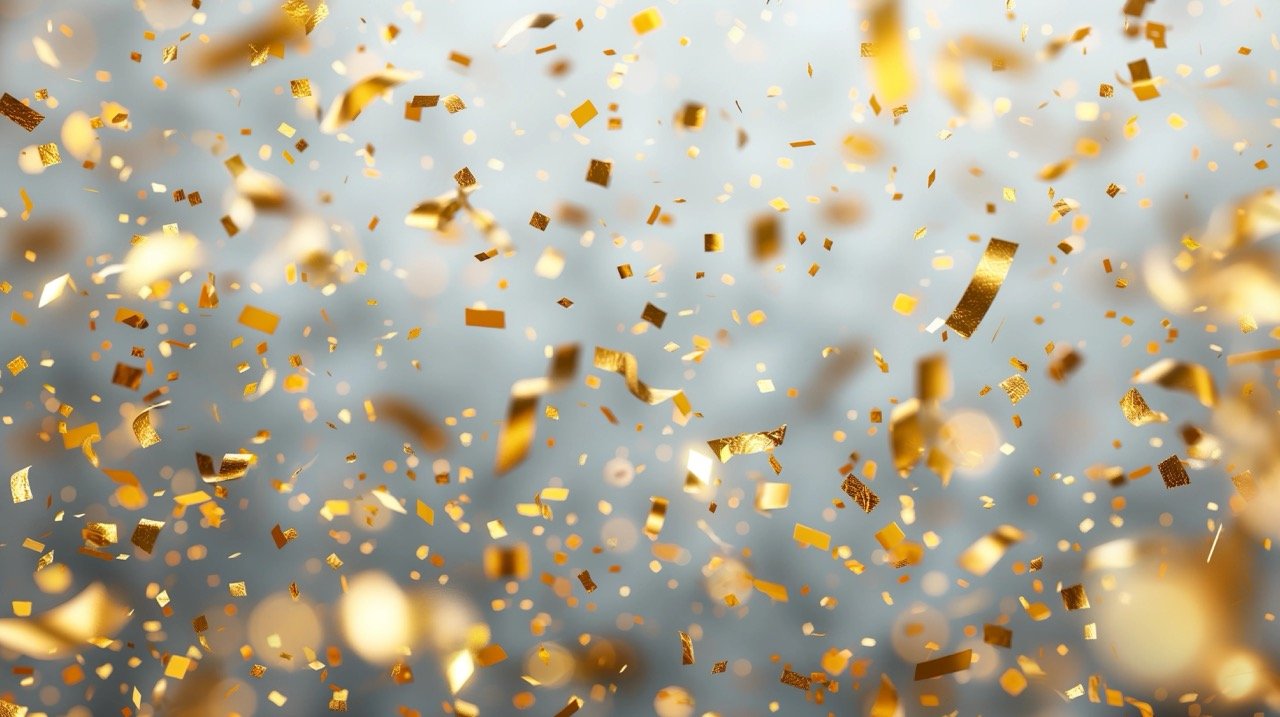 Gold Confetti Rain on Light Grey Background – Stock Photo of Shiny Confetti for Winning and Celebration