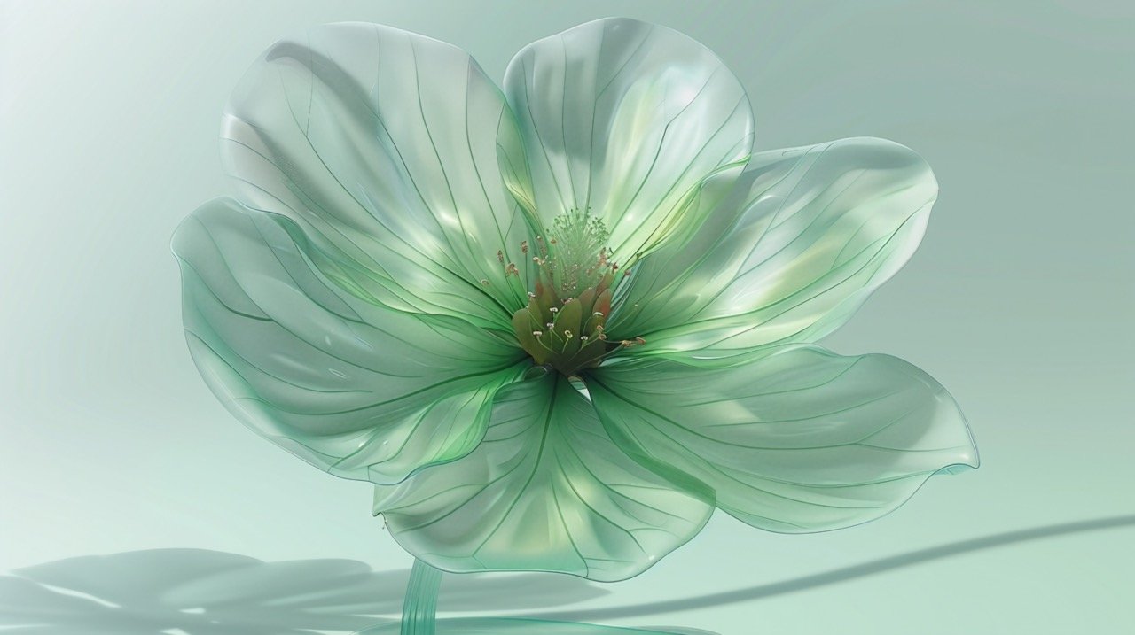 Green Flower in Frosted Glass Ultra-Minimalist Appearance with Transparent Science and Technology Feel