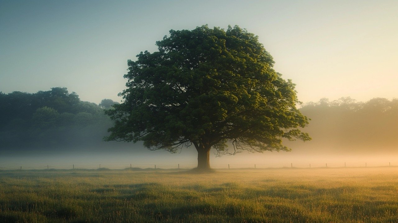 Green Leafed Tree in Fog – HD Nature and Landscape Images, Richmond Park, UK, Spiritual Backgrounds