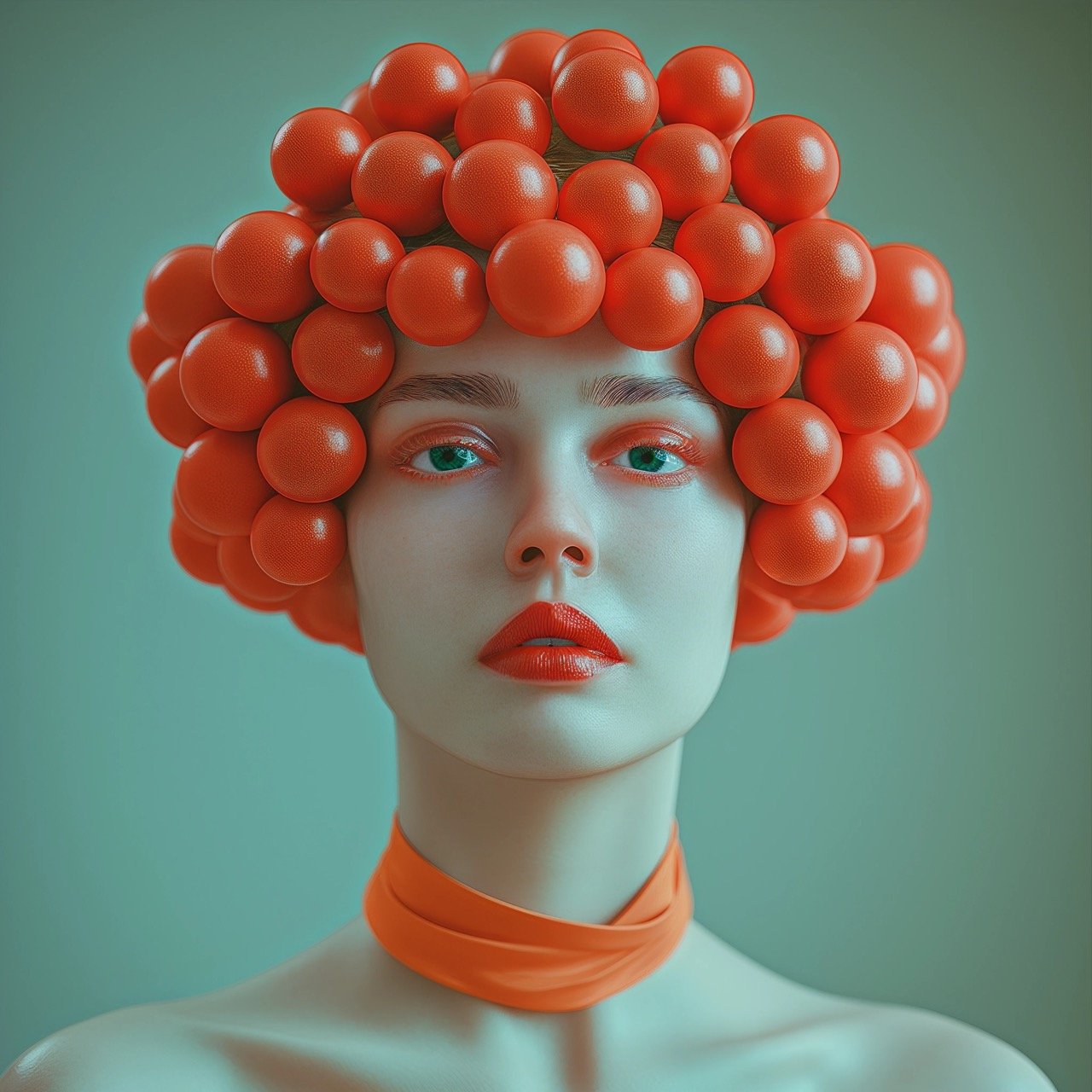 HD 3D Portrait of Woman with Balls on Head, Digital Art – Teal and Orange Studio