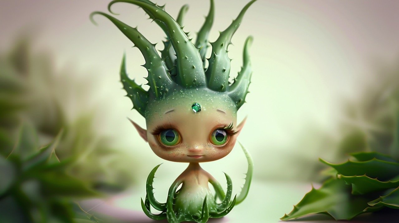 Hyperrealistic Fantasy Character Cute Adorable Aloenite Based on Aloe Plant with Bright Green Eyes