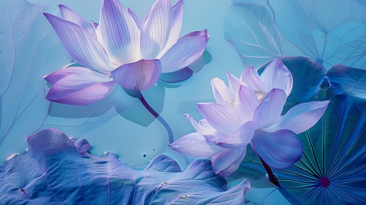 Hyperrealistic Still Life Aerial View of Lotus and Big Leaf, Ethereal Foliage, Light Turquoise