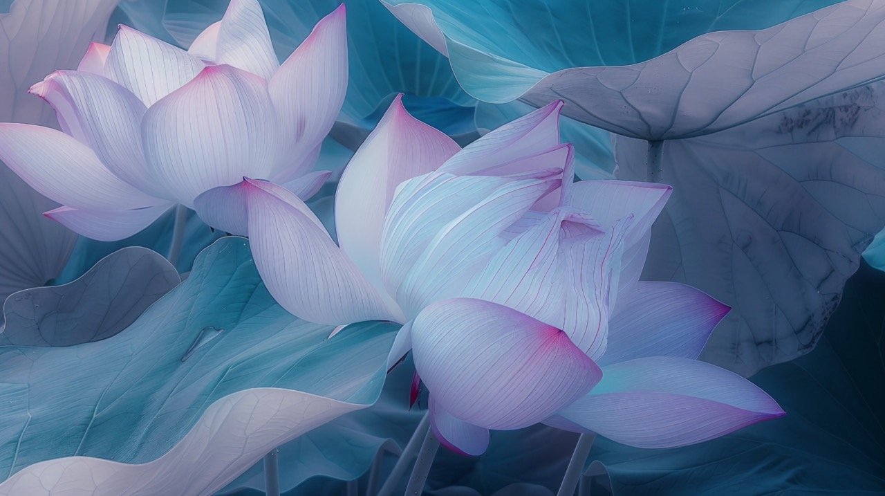 Hyperrealistic Still Life Aerial View of Lotus and Large Leaf, Ethereal Foliage, Light Turquoise