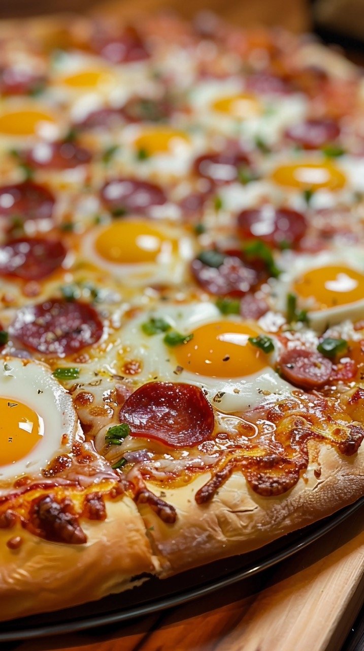 Italian Cuisine Pepperoni Pizza Enhanced with Fresh Egg Topping Photography