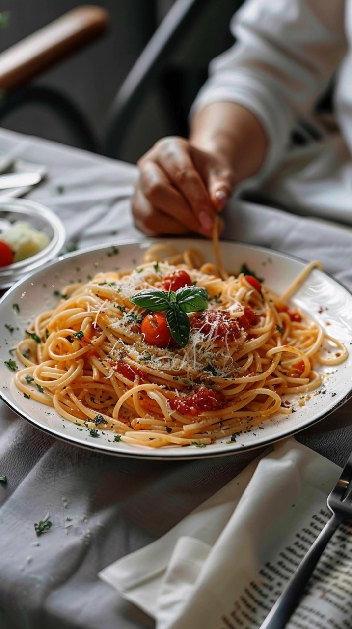 Italian Dining Scene Person Having a Plate of Spaghetti for Meal Enjoyment