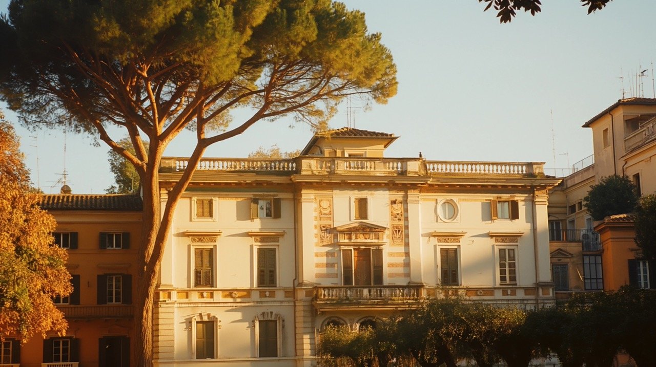 Italy’s Rome White Building with Tree, Film Photography, Analog Photos, Analogue Images