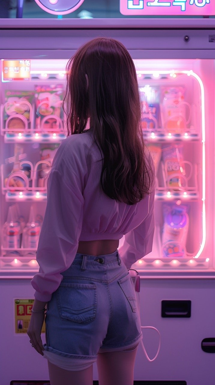 Korean Woman with Vending Machine – Seoul Neon Lights, Pink Aesthetic, Female Adult Photography