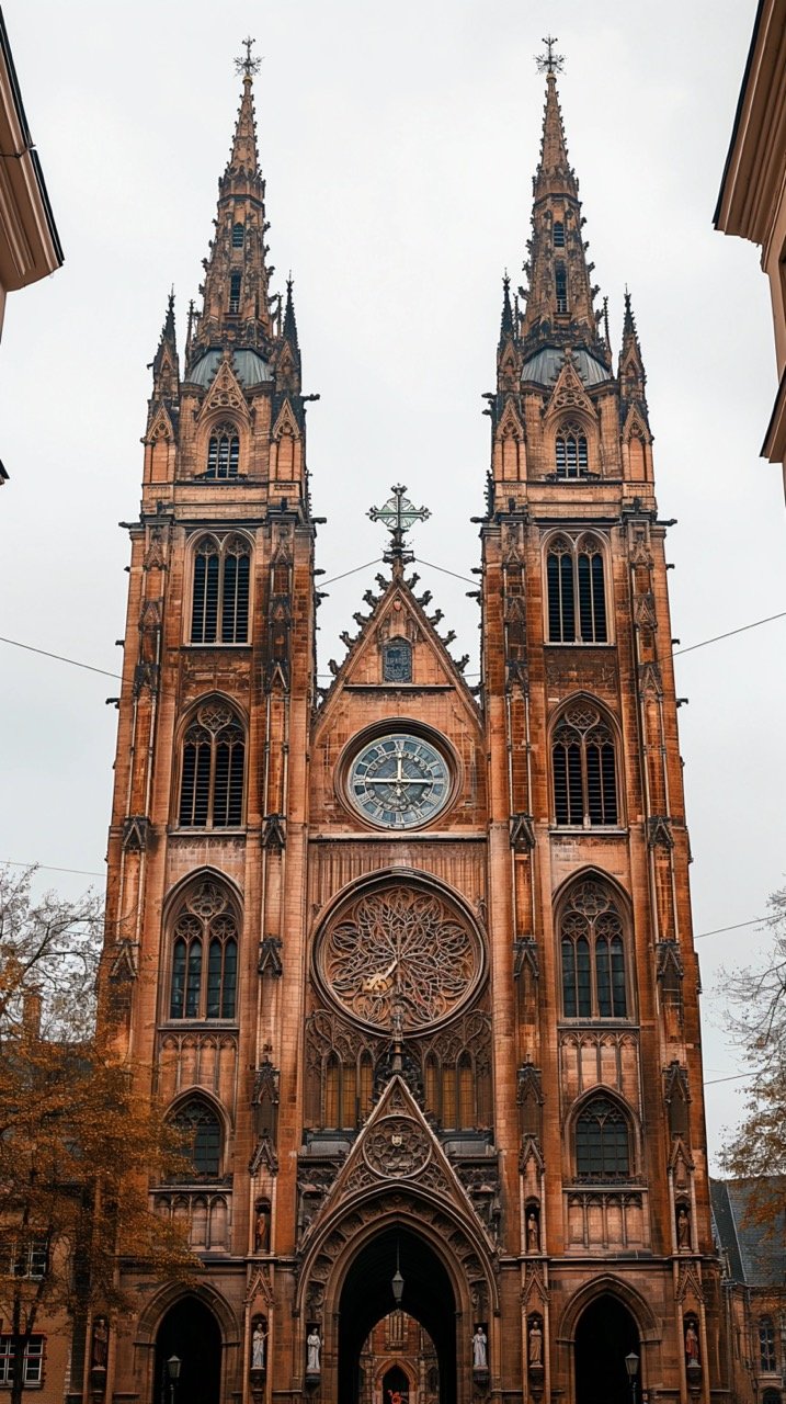 Large Cathedral with Two Clock Towers Gothic Arches, Church, People Images, Human Backgrounds