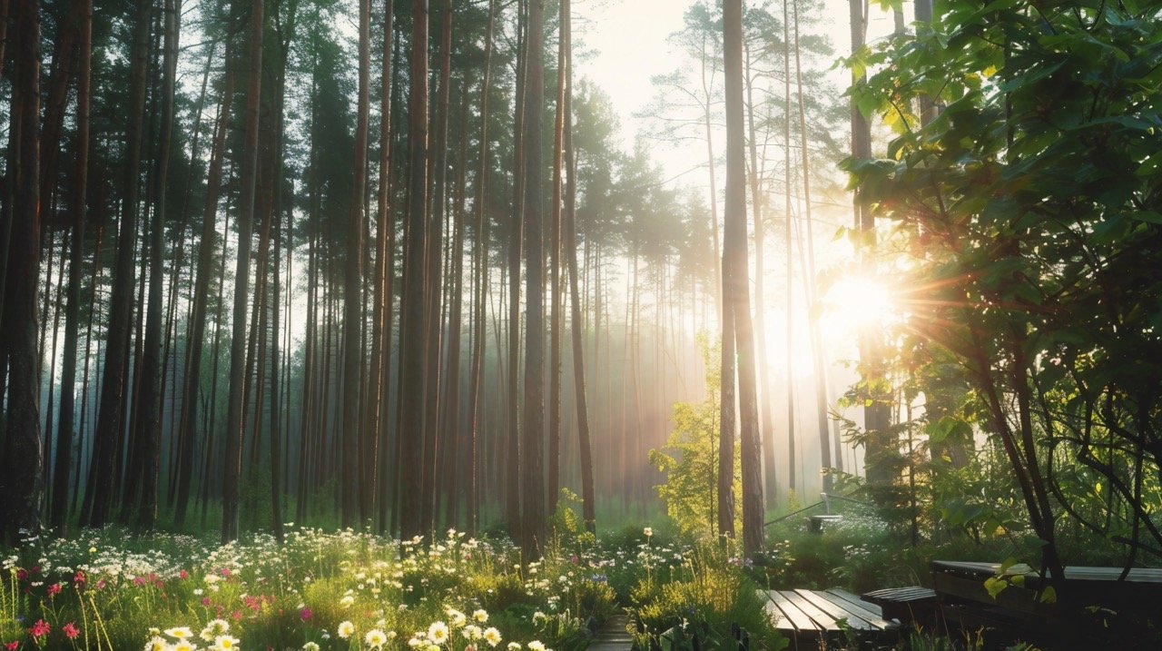 Latvia Forest Sun Shining Through Trees and Flowers, Woodland Scenery, Nature Landscape