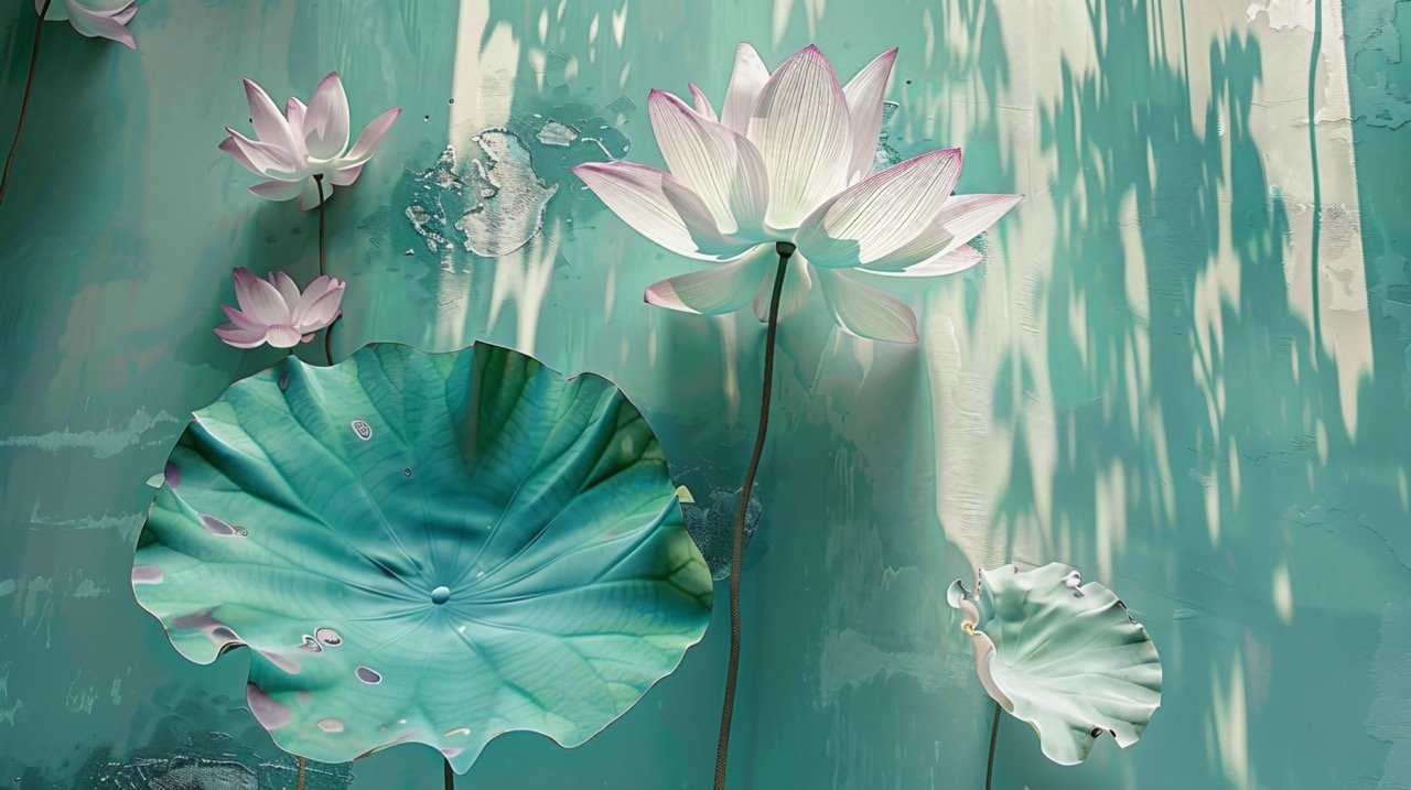 Light Turquoise Ethereal Foliage Aerial View of Lotus and Big Leaf, Hyperrealistic Still Life