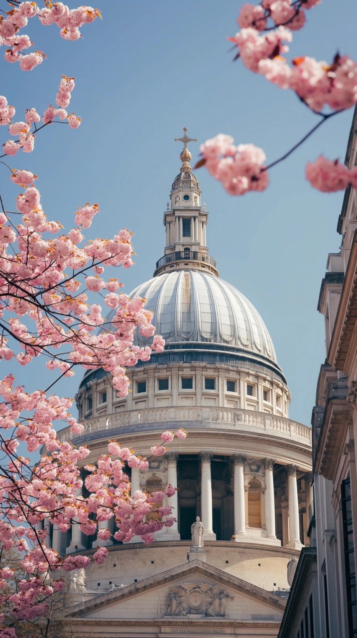 London’s St. Paul’s Cathedral Worm’s-Eye View Architecture, HD Grey Wallpapers, Blue Sky, Spring Blossom Pictures