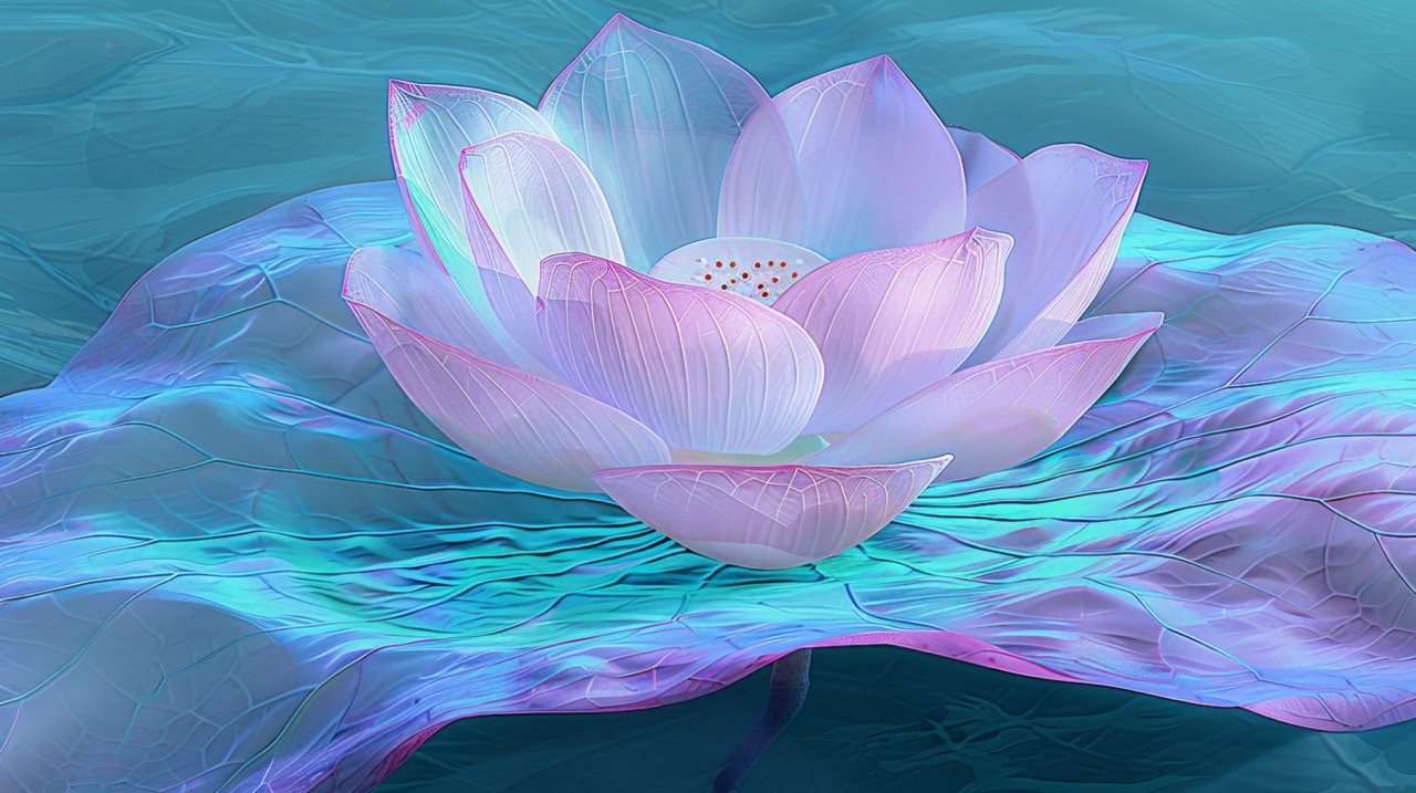 Lotus and Big Leaf Aerial View, Ethereal Foliage Style, Light Turquoise, Hyperrealistic Still Life