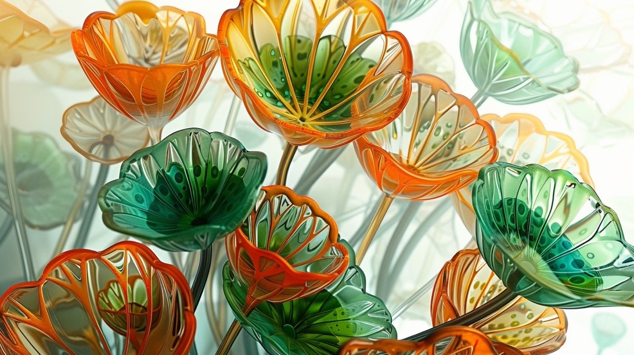 Lotus and Leaves in Glass Close-Up, Whimsical Interpretation, Pattern-Based Painting, Orange and Green