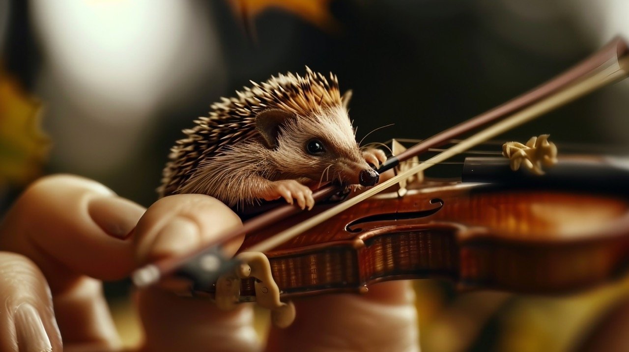 Macro Photo of Tiny Hedgehog with Violin on Woman’s Finger, Highlighting Intricate Craftsmanship and Detail