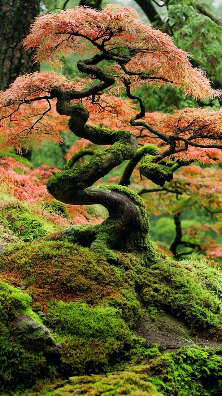 Moss-Covered Tree with Pink Foliage – Nature Pictures HD Images from Portland Japanese Garden and Backgrounds