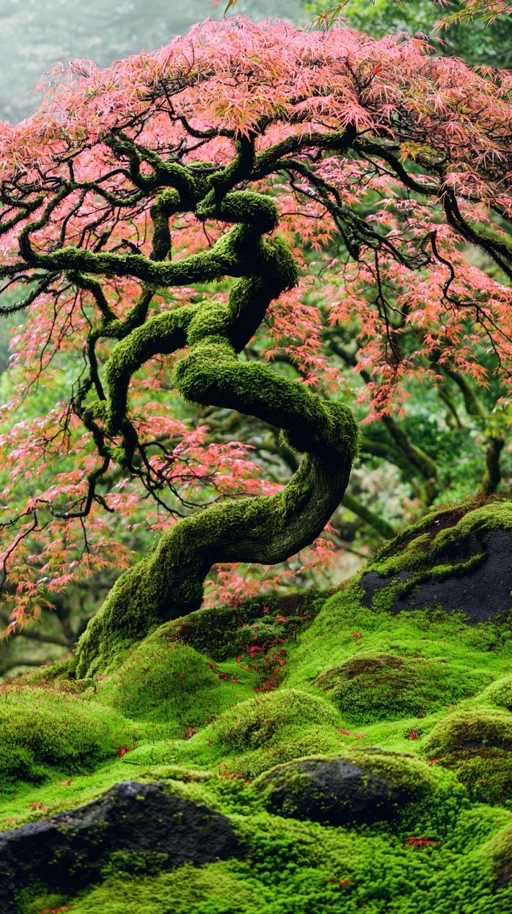 Moss-Covered Tree with Pink Leaves – Nature Images HD Pictures of Portland Japanese Garden and Vegetation