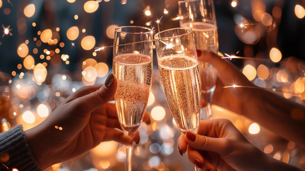 New Year’s Eve Party with Champagne Toast and Bengal Lights – Social Event Stock Photo of Friends