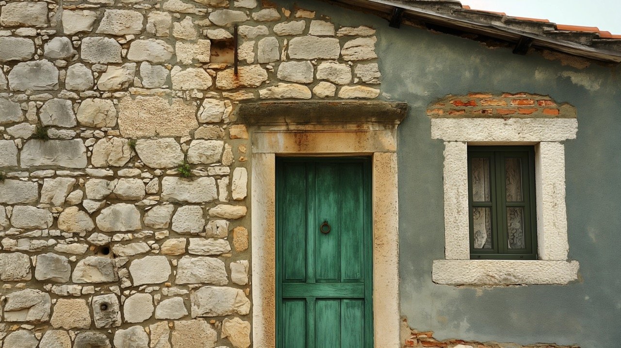 Old Stone Building with Green Door HD City and Nature Wallpapers, Medulin Croatia, Castle Fortress Architecture