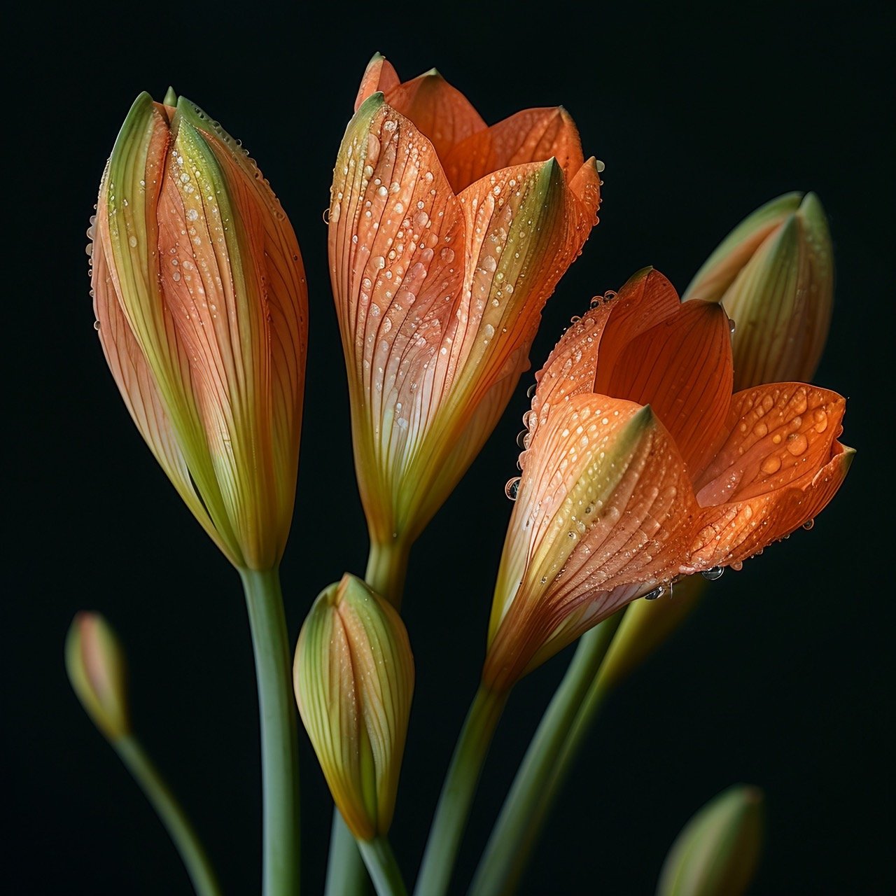 Orange Flowers with Water Droplets – Three Blossoms, Amaryllidaceae, Floral Arrangement Photography