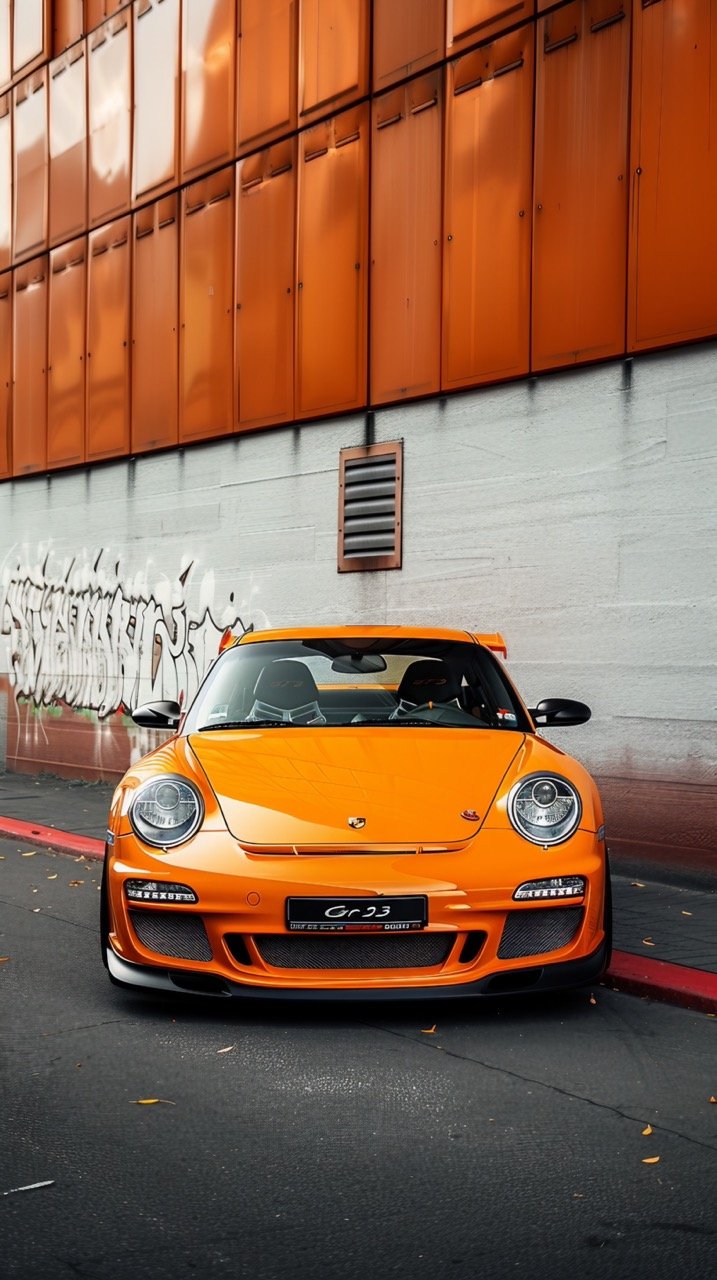 Orange and Black Porsche 911 Next to White and Red Wall – Automotive Photography Highlight.