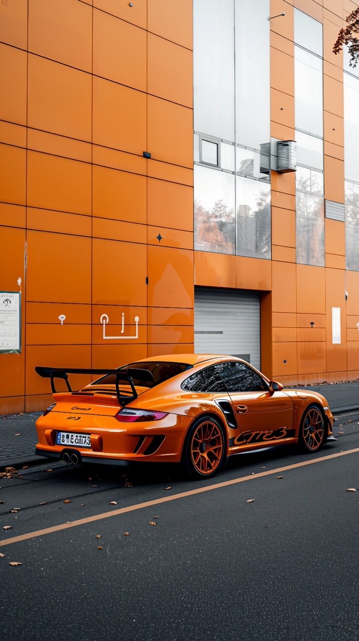 Orange and Black Porsche 911 Parked Next to White and Red Wall – Automotive Photography Focus.