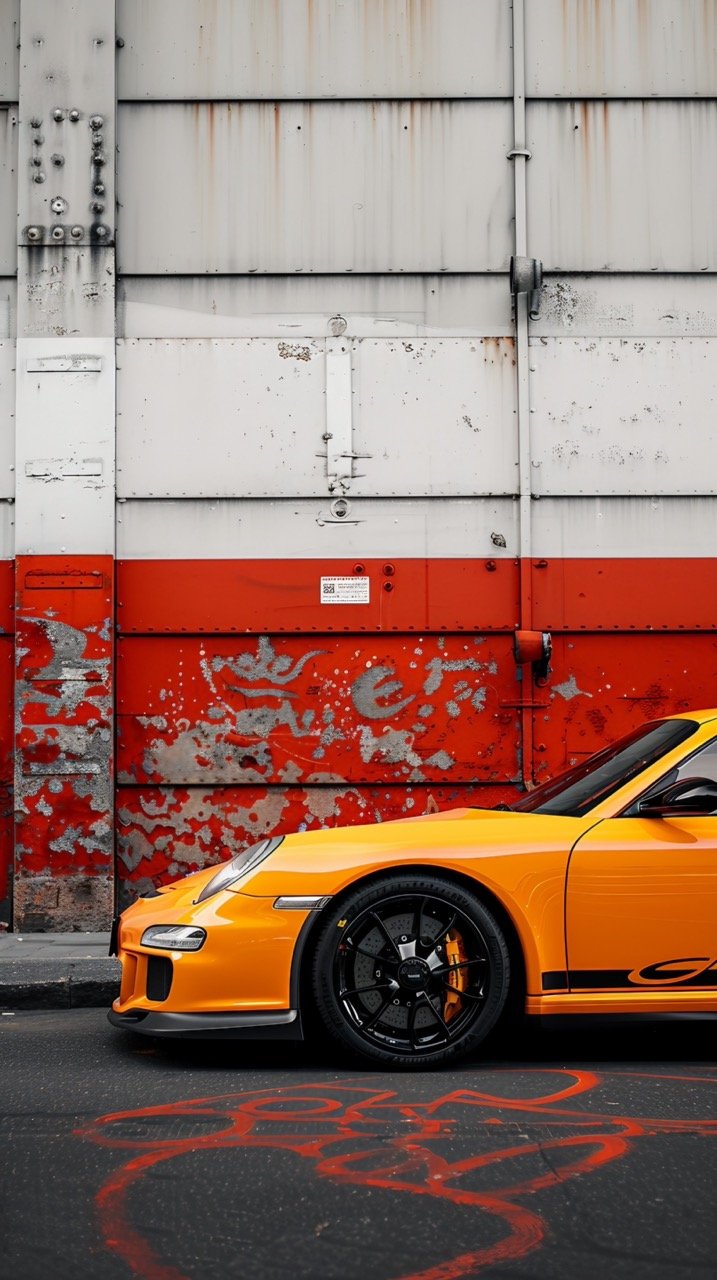 Orange and Black Porsche 911 Parked Next to White and Red Wall – Automotive Photography Focus.