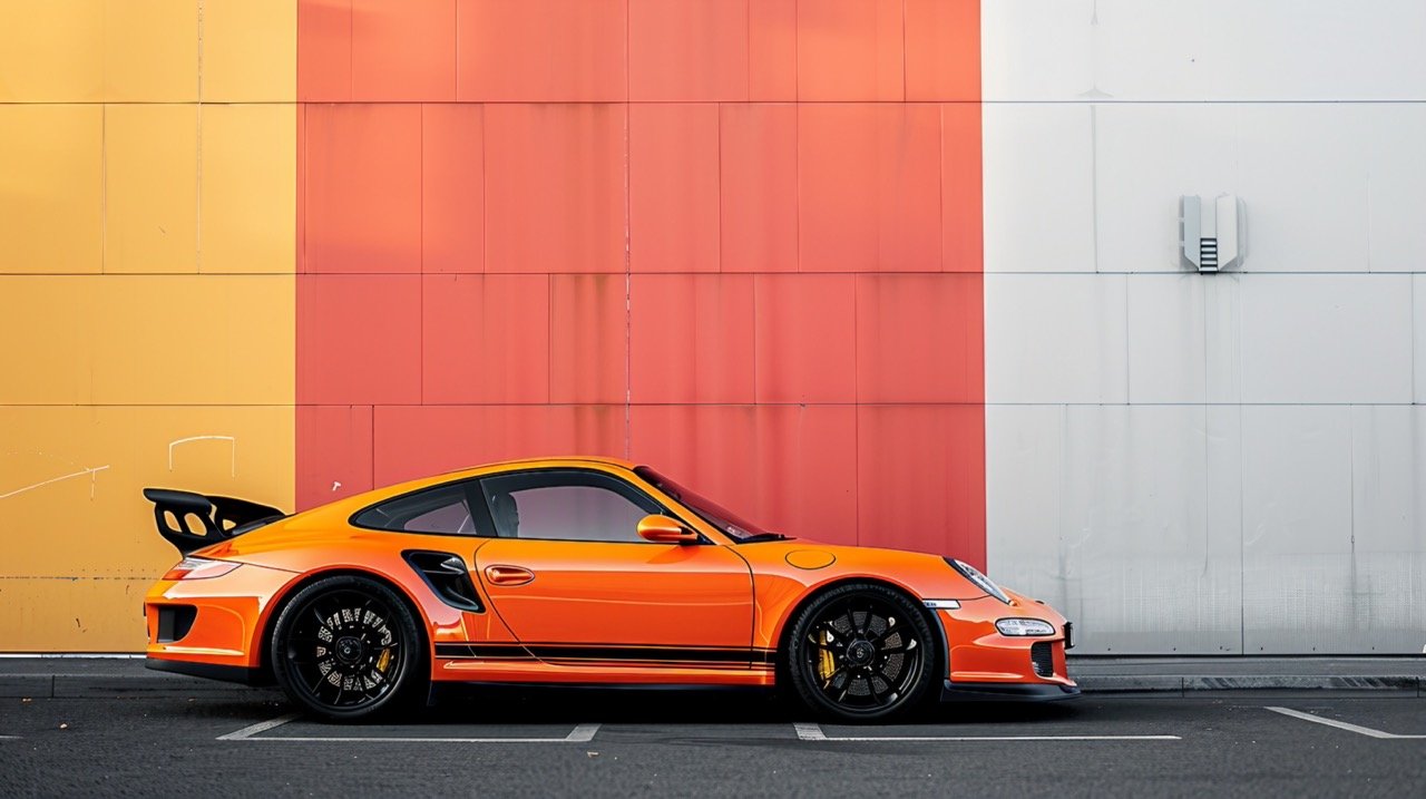 Orange and Black Porsche 911 Parked Next to White and Red Wall – Automotive Photography Highlight.