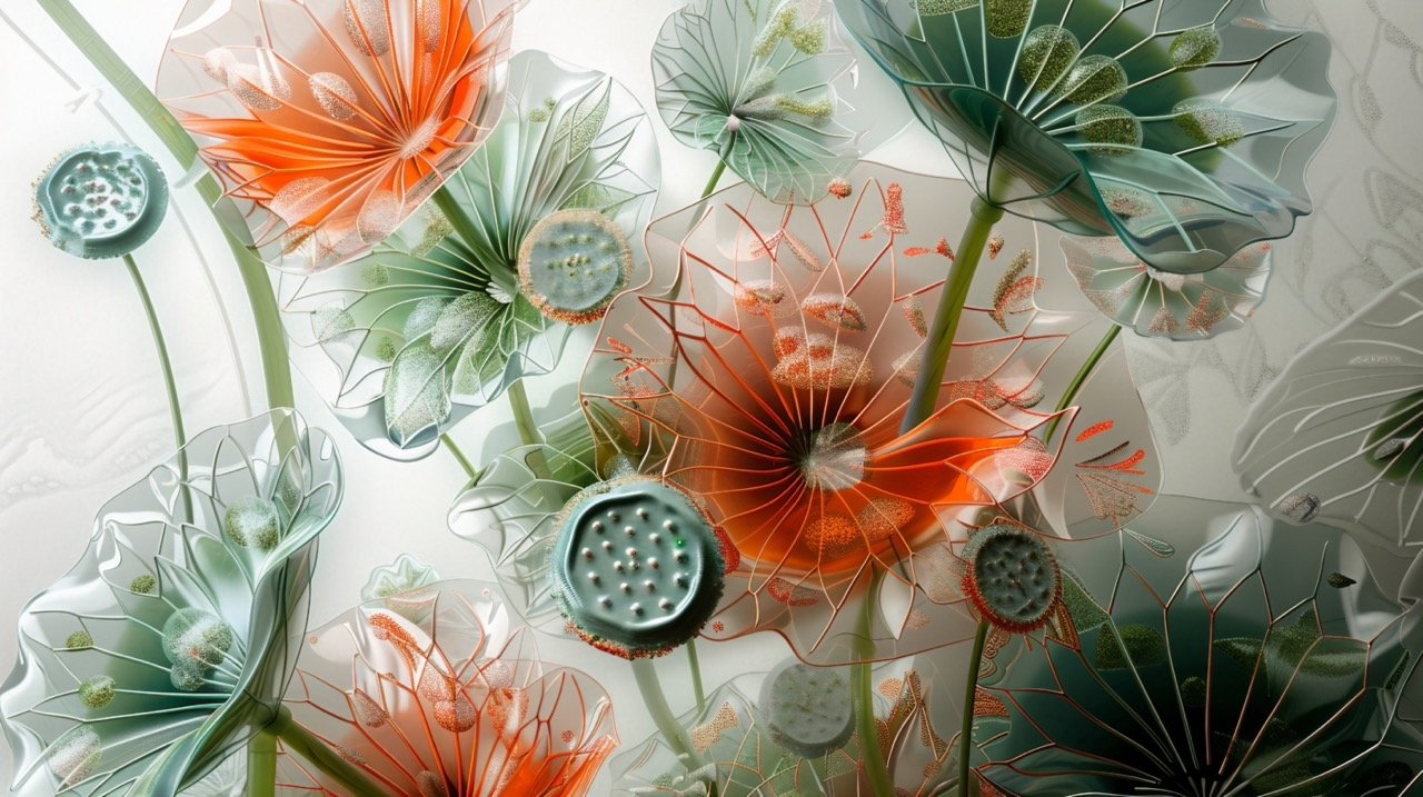 Pattern-Based Glass Lotus Painting Whimsical Interpretation in Peter Bloom Style, Close-Up Orange and Green