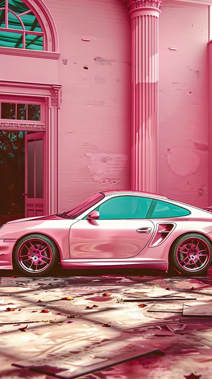 Pink Car Parked by Wall Automotive Art, Sports Car Aesthetic, Porsche, Grey Machine, Vehicle Render