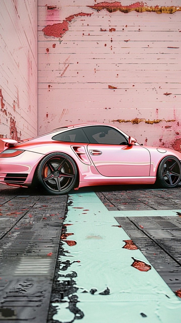 Pink Car Parked in Front of Wall Automotive Artwork, Sports Car Aesthetic, Porsche, 3D Render