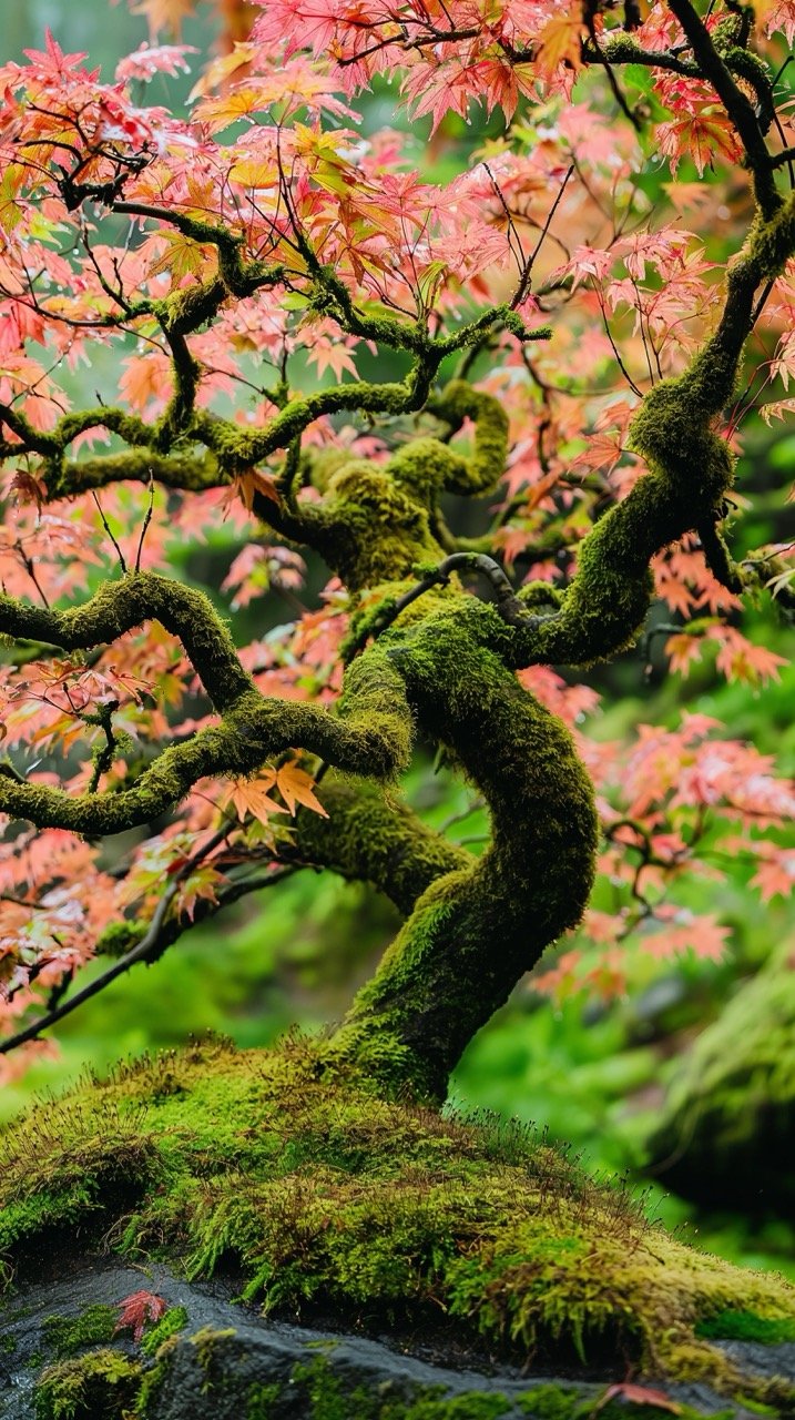 Pink Leaves on Moss-Covered Tree – HD Nature Images Portland Japanese Garden and US Vegetation Backgrounds