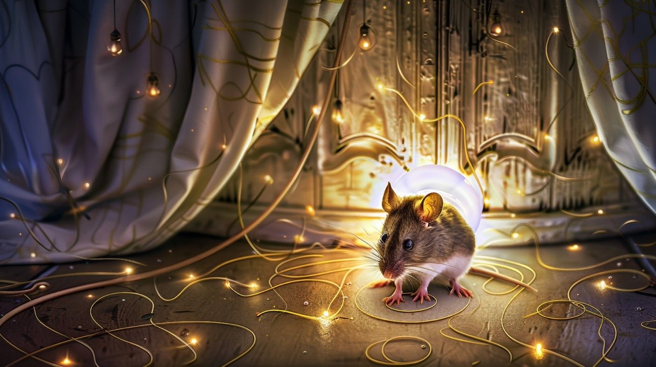 Playful Children’s Book Illustration of a Mouse with a Glowing Nose, Captivating and Whimsical Design