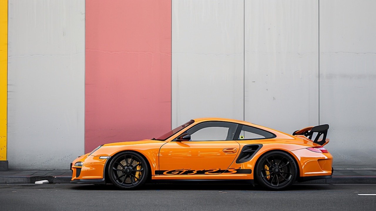 Porsche 911 in Orange and Black Parked Near White and Red Wall – Stunning Automotive Shot.