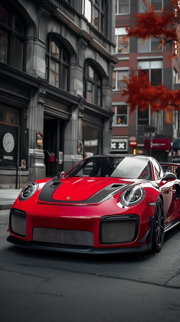 Red Porsche Sports Car Parked at Roadside – HD Red Wallpapers and Urban Car Images