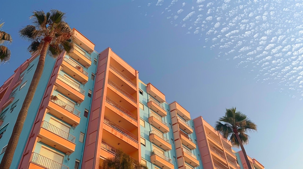 Retro Valencia Town Apartment – Tall Building with Balconies, Blue and Orange Balcony Photography