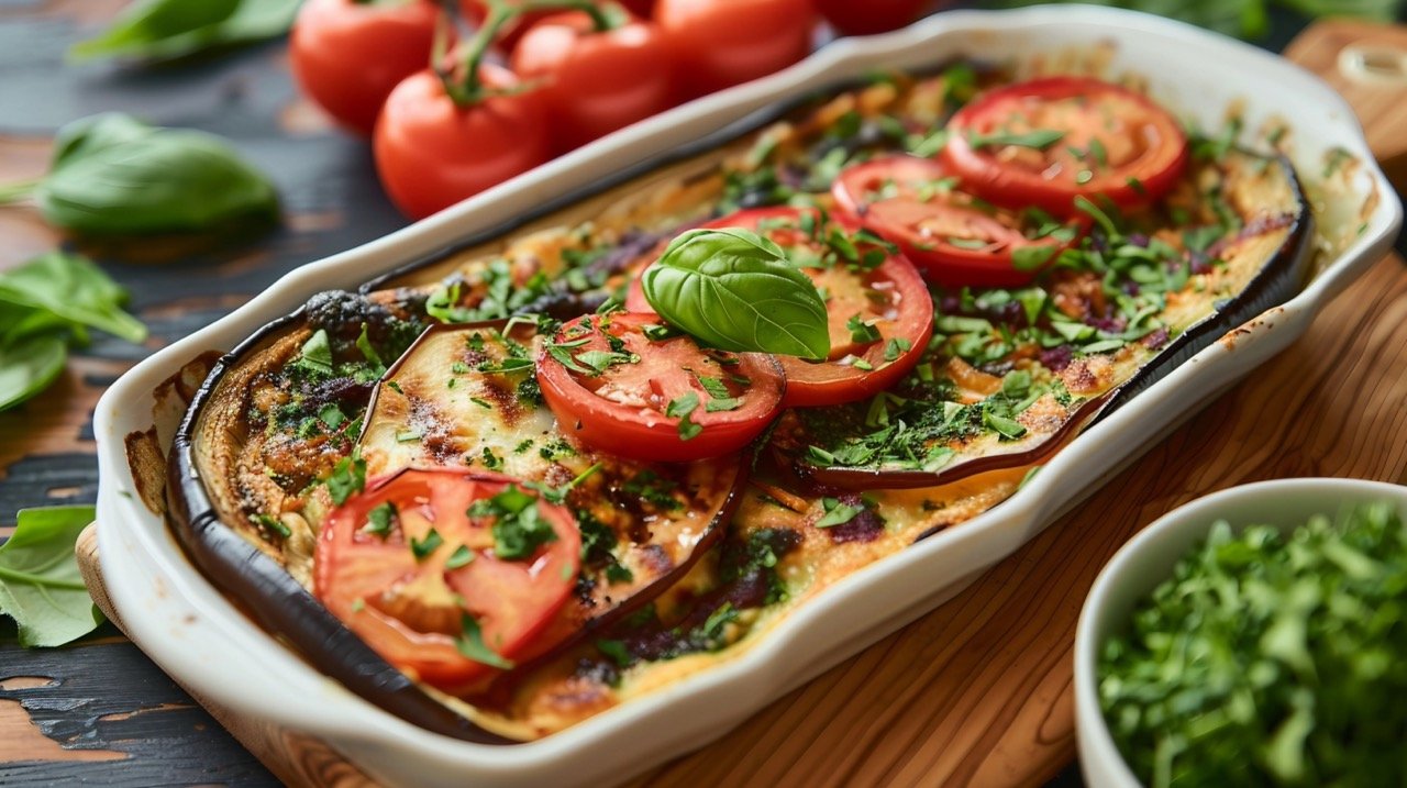 Rustic Kitchen Scene Baked Eggplant, Sliced Tomatoes, and Spinach Dish for Healthy Dining