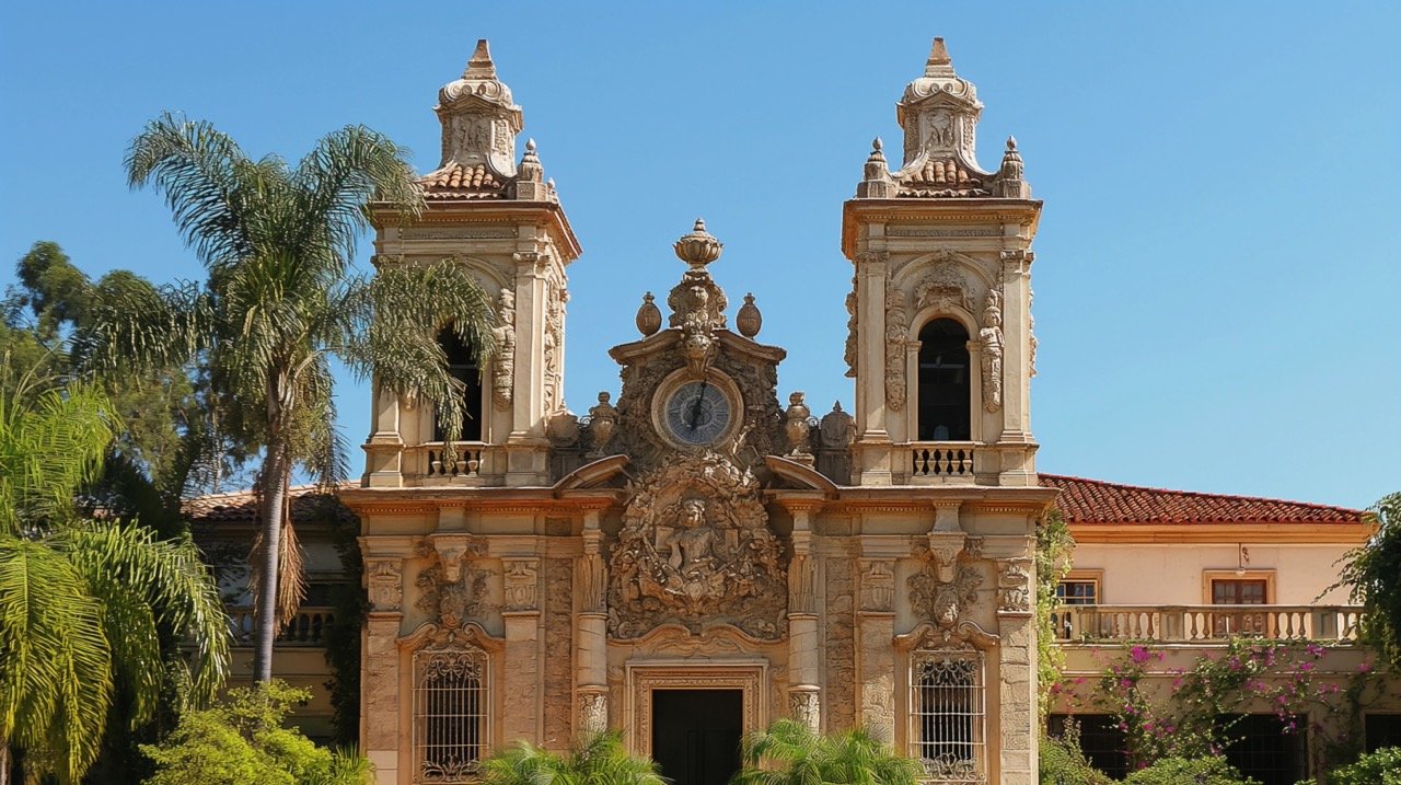 San Diego’s Balboa Park Clock Building Iconic Landmark, USA, Brown Backgrounds, Public Domain