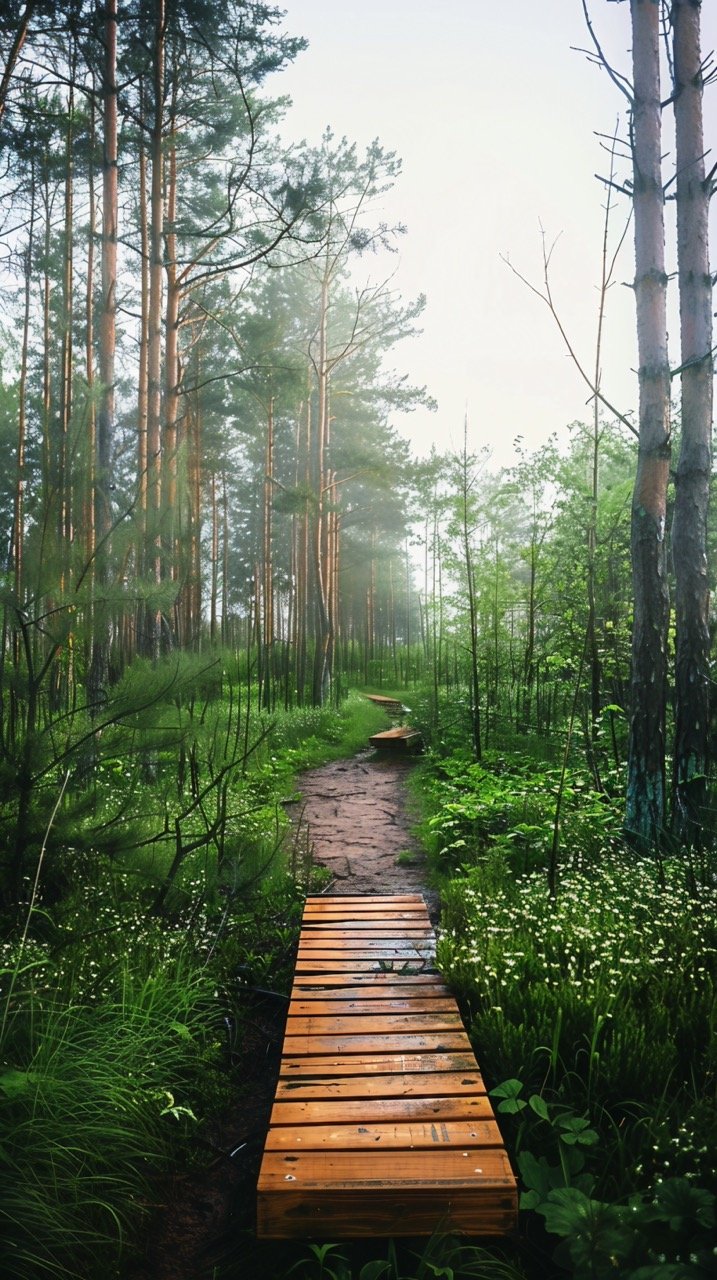 Scenic Forest Bench in Latvia – Woodland Nature Path, Green Park Trail, Beautiful Landscape Photography