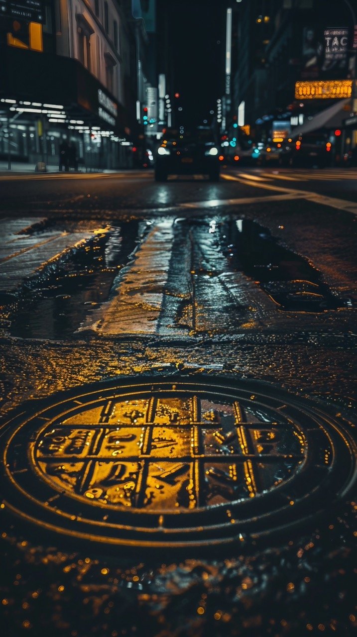 Sewer Lid Worm’s Eye View HD City Wallpapers, Urban Night Street Photography with Light Backgrounds