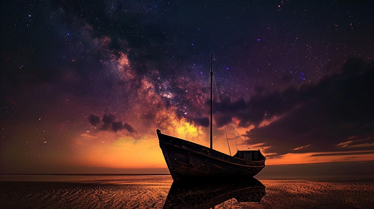 Silhouette Photography of Sailing Boat on Water, Night Landscape with Starry Milky Way