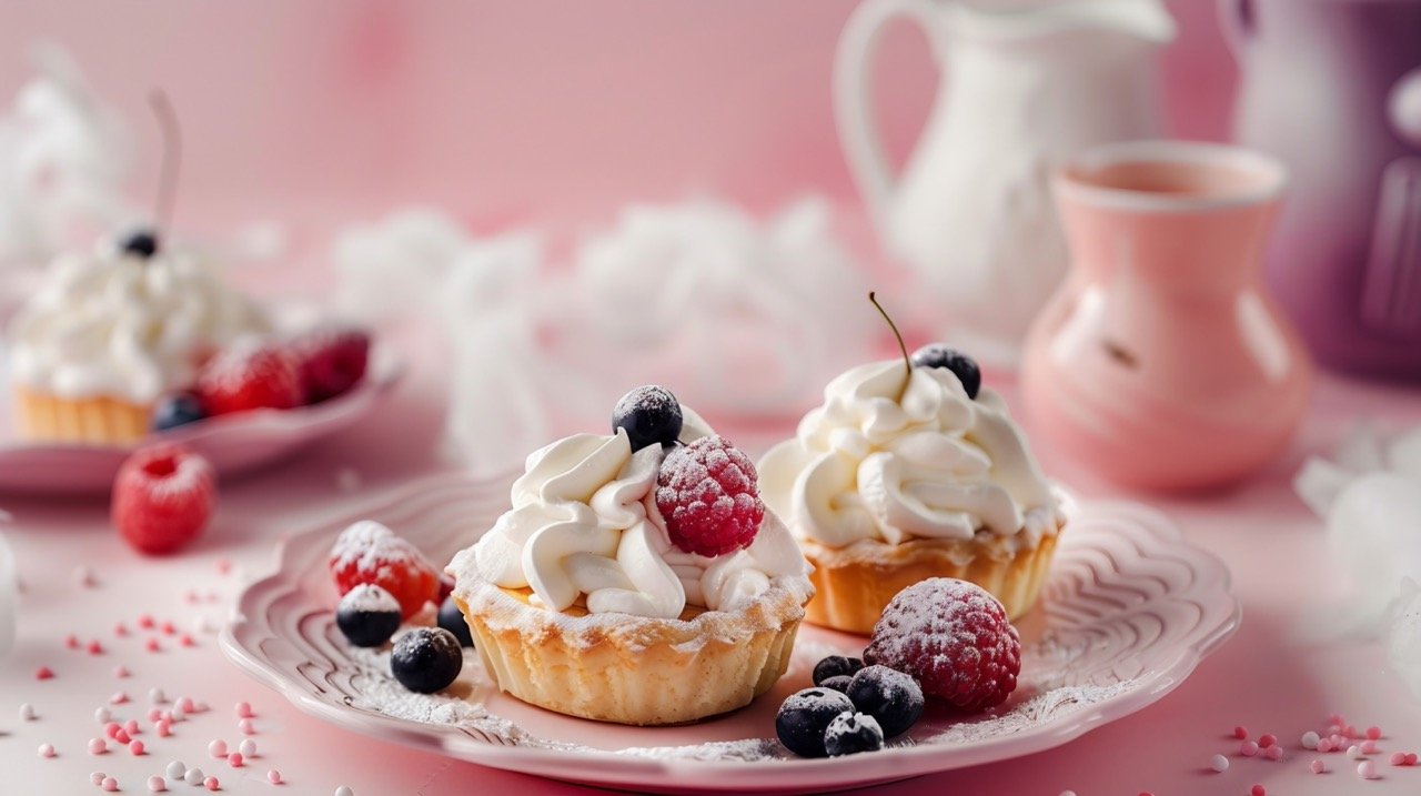 Small Cakes with Whipped Cream on Table Poland, Cracow, Sweet Dessert, Dessert Photography