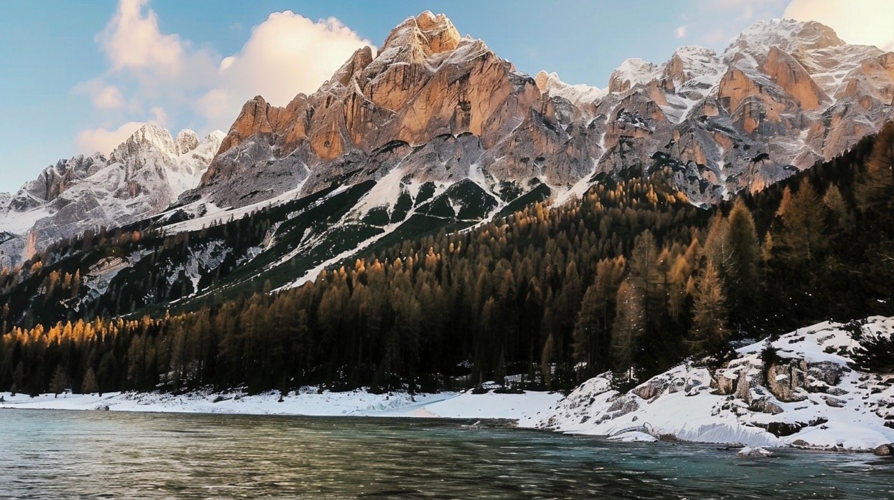 Snowy Mountain Range and Trees Italy Dolomites, Cortina D’ampezzo, Rocky Peaks, Alpine Landscape